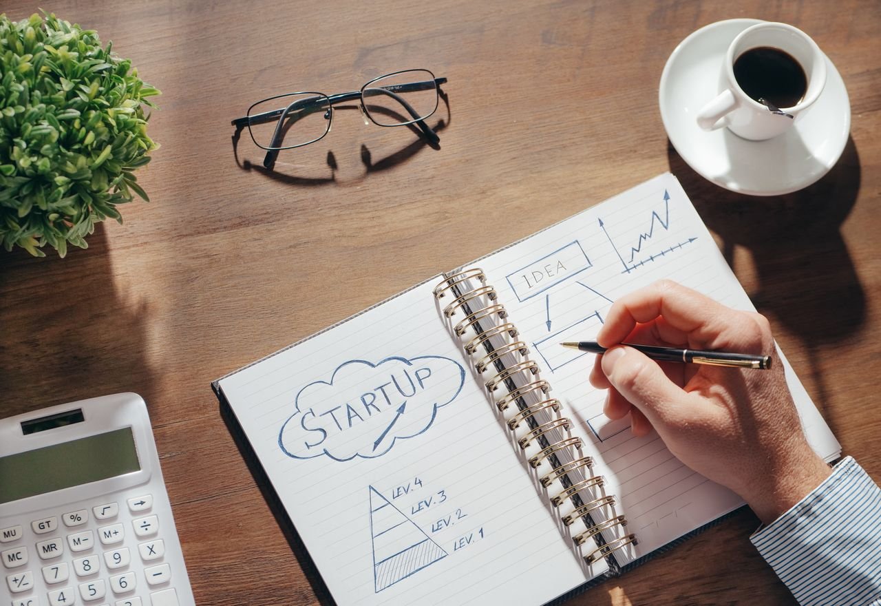 Home A creative workspace featuring startup planning on a notepad, eyeglasses, and a cup of coffee.